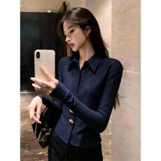 批发深蓝色复古翻领设计感通勤<b class='q'>休闲</b>修身显瘦上衣女装新款气质百搭<b class='q'>外套</b>