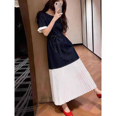 批发通勤短袖蓝色<b class='q'>牛仔</b>拼接白色连衣裙女夏季高级感独特漂亮<b class='q'>长裙</b>A字裙