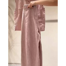 批发法式粉色无袖衬衫<b class='q'>套装</b>女夏季高腰阔腿裤两件套小个子显高气质通勤