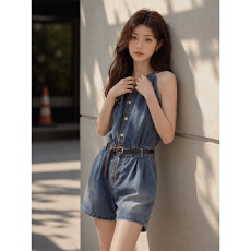 批发时尚复古牛仔<b class='q'>连体</b>裤女夏新款收腰显瘦气质设计感小众高级感<b class='q'>短裤</b>潮