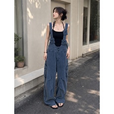 批发美式复古牛仔背带裤女夏宽松显瘦工装连体裤辣妹设计感小众阔腿裤