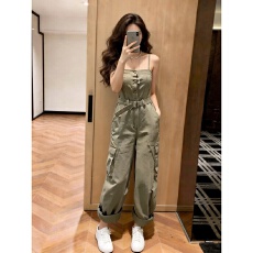 批发美式复古工装连体裤女宽松显瘦阔腿裤盐系穿搭夏季薄款<b class='q'>背带</b>裤<b class='q'>长裤</b>