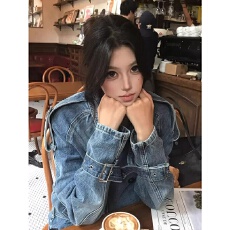 批发美式复古立领双排扣牛仔外套女春秋新款设计感机车服夹克短外套潮