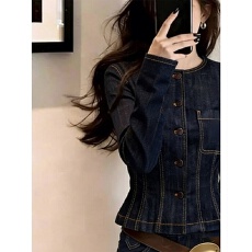 批发复古通勤风圆领气质显瘦牛仔衬衫女春季修身单排扣<b class='q'>百搭</b>气质短外套
