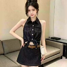 批发美式辣妹黑色<b class='q'>牛仔</b>套装女夏设计感小众无袖<b class='q'>衬衫</b>上衣高腰短裙两件套
