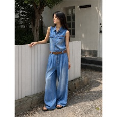 批发美式复古水洗蓝牛仔<b class='q'>连体裤女</b>2026夏季薄款宽松显瘦无袖背带长裤潮