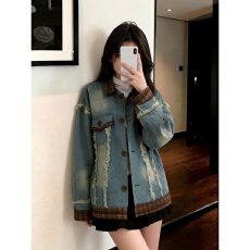 批发法式复古做旧牛仔外套女春<b class='q'>秋</b>新款拼接毛边宽松显瘦设计感小众上衣