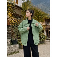 批发美式复古牛仔外套女2026<b class='q'>春</b>秋薄款宽松显瘦百搭做旧绿色夹克上衣潮