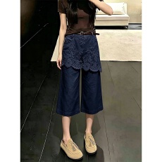 批发法式复古休闲蕾丝假两件牛仔裤<b class='q'>女</b>秋宽松直筒<b class='q'>七分裤</b>设计感小众裤子