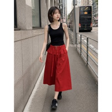 批发法式复古红色阔腿裤女士高腰垂感宽松显瘦遮肉休闲百搭西装七分裤