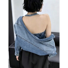 批发美式复古<b class='q'>牛仔</b>外套女设计感小众露肩吊带辣妹短款上衣显瘦两件套潮