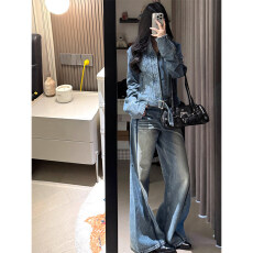 批发美式复古辣妹<b class='q'>牛仔</b><b class='q'>套装</b>女春秋新款收腰显瘦短外套高腰阔腿裤两件套