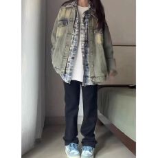 批发美式复古做旧黄泥染牛仔夹克外套女<b class='q'>春</b>秋季薄款设计感小众宽松上衣