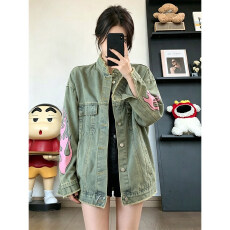批发美式复古牛仔外套女<b class='q'>春</b>秋季新款宽松设计感小众做旧工装夹克上衣潮