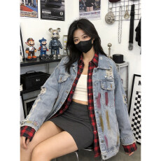 批发美式复古牛仔外套女春秋季新款高街做旧破洞涂鸦宽松显瘦夹克上衣