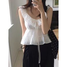 批发韩系吊带背心女2026新款夏季<b class='q'>韩国</b>chic甜美飘带褶皱荷叶边上衣潮