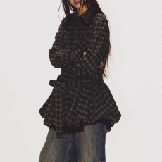 批发黄黑格纹蕾丝边长袖衬衫花苞<b class='q'>连衣裙</b>