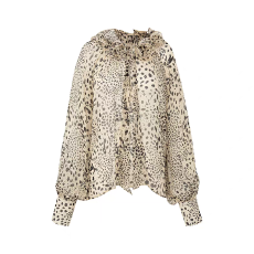 批发斑点不规则豹纹多层立体感荷叶边系带微透衬衫 杏色