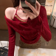 批发吴一涵 红色假两件一字肩喇叭袖针织衫女<b class='q'>秋</b>冬圣诞挂脖内搭打底衫