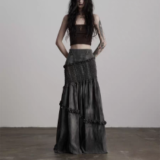 批发自由波纹·秋冬扎染打揽半松紧花边鱼尾<b class='q'>半身裙</b>大摆长<b class='q'>裙</b>
