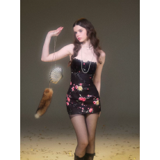 批发RunRunSweet原创 “雪地玫瑰”印花毛呢拼毛修身<b class='q'>抹胸</b>包臀<b class='q'>连衣裙</b>