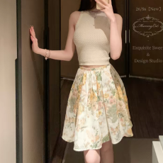 批发26新品复古油画感100亚麻印花半身裙+纯色针织T恤背心