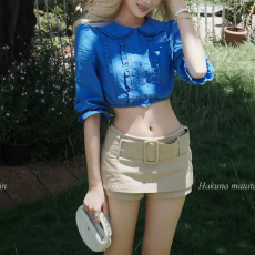 批发'少女的对话'蓝色衬衫女夏季新款甜美减龄<b class='q'>娃娃领</b><b class='q'>上衣</b>