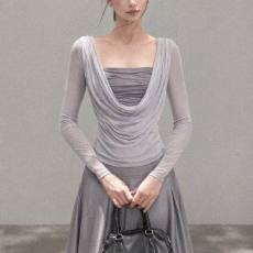 批发法式灰色荡领薄款长袖T恤女2026夏季吊带<b class='q'>背心</b><b class='q'>半身</b>裙上衣