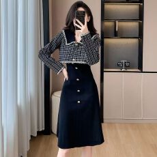 批发套装中长裙秋冬小香风名媛气质格纹针织短<b class='q'>外套</b>上衣无袖背心<b class='q'>连衣裙</b>