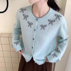 批发韩系新款刺绣提花蝴蝶结女早<b class='q'>甜美</b>秋季针织开衫毛衣圆领外套上衣
