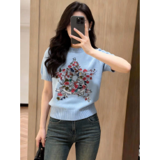 批发2026夏季新款慵懒高级感休闲<b class='q'>花朵</b>刺绣宽松圆领短袖<b class='q'>T</b><b class='q'>恤</b>针织衫女