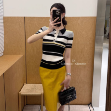 批发韩版复古针织条纹polo衫短袖t恤女<b class='q'>春</b>夏正肩翻领短款修身毛衣上衣