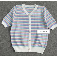 批发百搭网红冰丝针织显瘦薄款泡泡袖短袖条纹t恤彩色上衣彩虹泫雅风