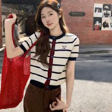 批发韩系慵懒风时尚小众撞色条纹短袖针织独特蝴蝶结刺绣开<b class='q'>衫</b>外穿上衣