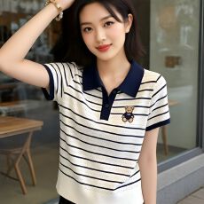 批发刺绣镂空冰丝短袖POLO领<b class='q'>针织衫</b>女夏季<b class='q'>薄款</b>上衣宽松大码条纹上衣潮