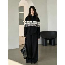 批发2026新品美式费尔岛半拉链套头毛衣女<b class='q'>秋</b>季高腰阔腿裤针织两件套女