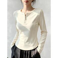 批发<b class='q'>时尚</b>拉链半开领鱼骨收腰T恤女春装<b class='q'>大码</b>胖妹妹休闲风气质百搭上衣