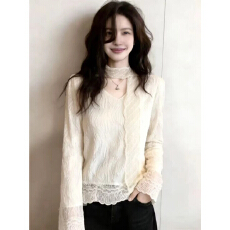 批发法式V领挂脖飘带提花<b class='q'>衬衫</b>女春季大码胖妹妹高级气质显瘦漂亮上衣