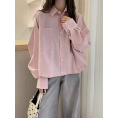 批发<b class='q'>韩版</b>粉色条纹衬衫正肩外套女2026春夏大码胖mm小个子防晒外搭上衣