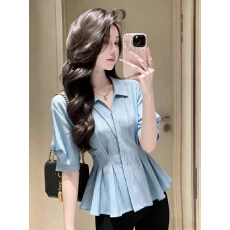 批发浅蓝色条纹V领正肩短袖衬衫女2026夏新款微胖mm蓬蓬小衫收腰上衣