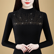 批发实拍 秋冬新款长袖上衣女纯色时尚烫钻修身显瘦气质百搭<b class='q'>妈妈</b>装