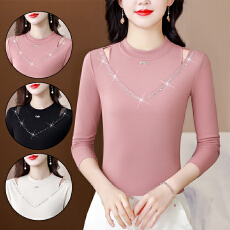 批发实拍秋冬新款<b class='q'>打底衫</b>女时尚气质长袖烫钻设计感上衣修身显瘦<b class='q'>妈妈</b>装