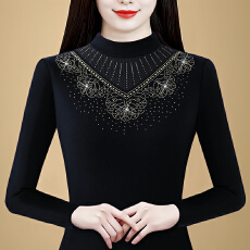 批发实拍秋冬新款<b class='q'>打底衫</b>女长袖半高领纯色烫钻时尚显瘦上衣洋气<b class='q'>妈妈</b>装