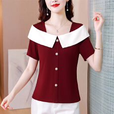 批发实拍 夏季新款短袖<b class='q'>T</b><b class='q'>恤</b><b class='q'>衬衫</b>法式小香风设计感小众撞色短款上衣女