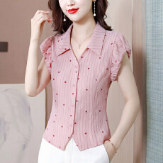 批发实拍夏季新款<b class='q'>衬衣</b>女波点条纹印花小衫隐形拉链收腰显瘦气质上衣女