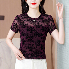 批发实拍夏季新款打底衫女短袖圆领修身显瘦网纱玫瑰黑色<b class='q'>妈妈装</b>上衣