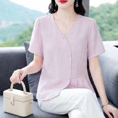 批发实拍 2026夏季新款衬衣女V领短袖设计感收腰纯色气质百搭上衣