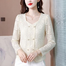 批发实拍法式方领蕾丝上衣<b class='q'>女长袖</b>气质双排扣小衫显瘦温柔内搭打底衫