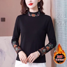 批发实拍 秋冬新款长袖半高领国风刺绣修身显瘦百搭上衣女优雅<b class='q'>妈妈装</b>