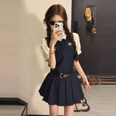 批发小个子设计感收腰<b class='q'>衬衫</b>短袖上衣女学院风无袖背心百褶连衣裙两件套